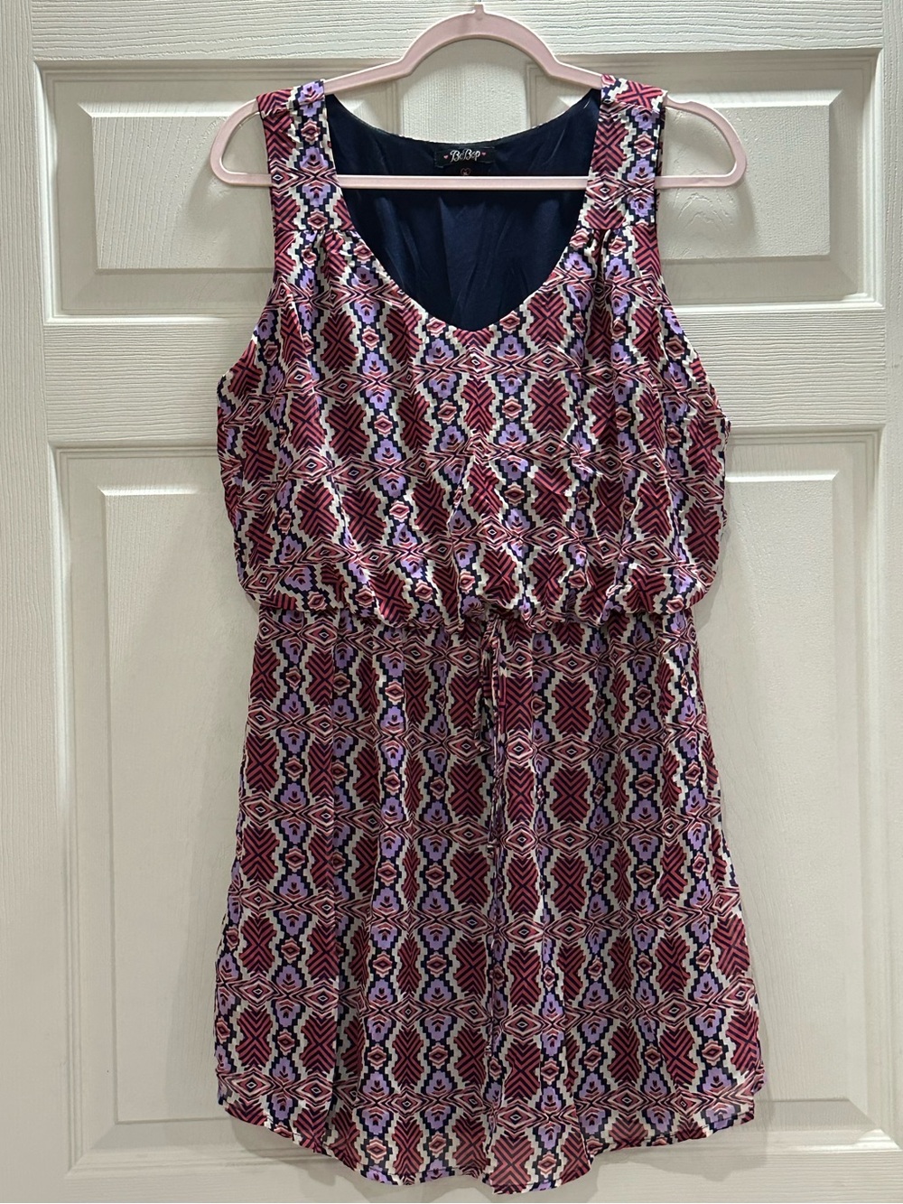 BeBop Sleeveless Mini Dress in Burgundy and Lavender Geometric Print
